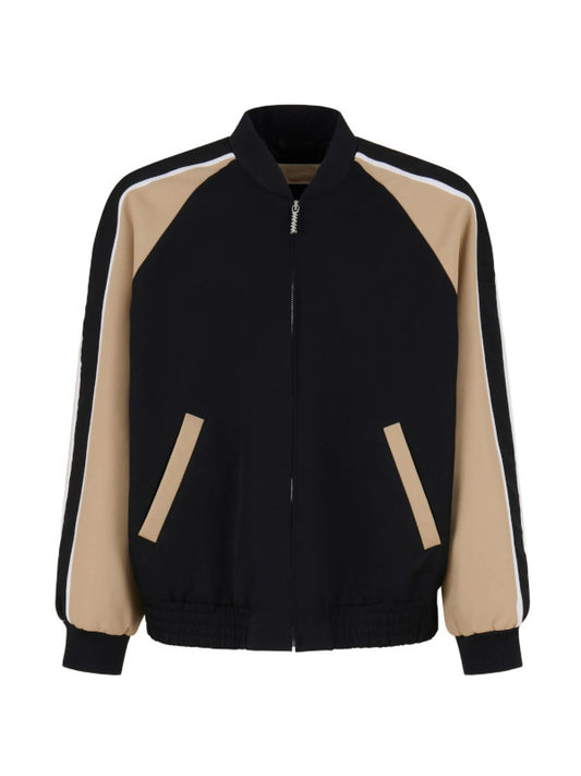 Black Bomber Jacket with Beige & White Contrast Panels